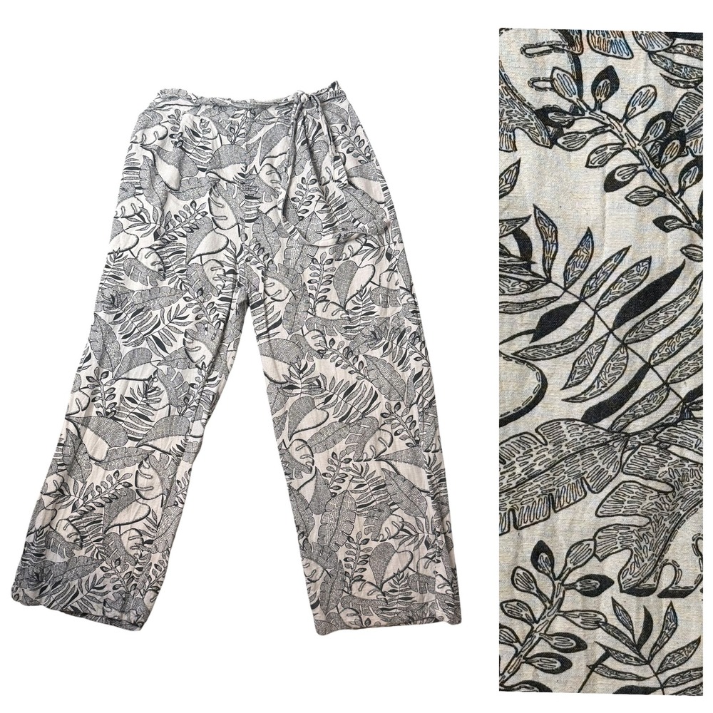 Linen Blend Floral Print Wide Leg Pull On Pants Womens L Tie Waist Black White